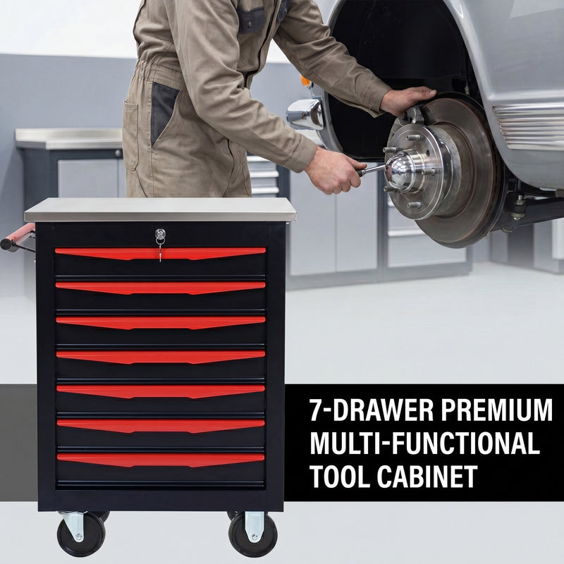 Metal tool box organizer with bottom drawer open on a desk - smooth-slide drawer tracks