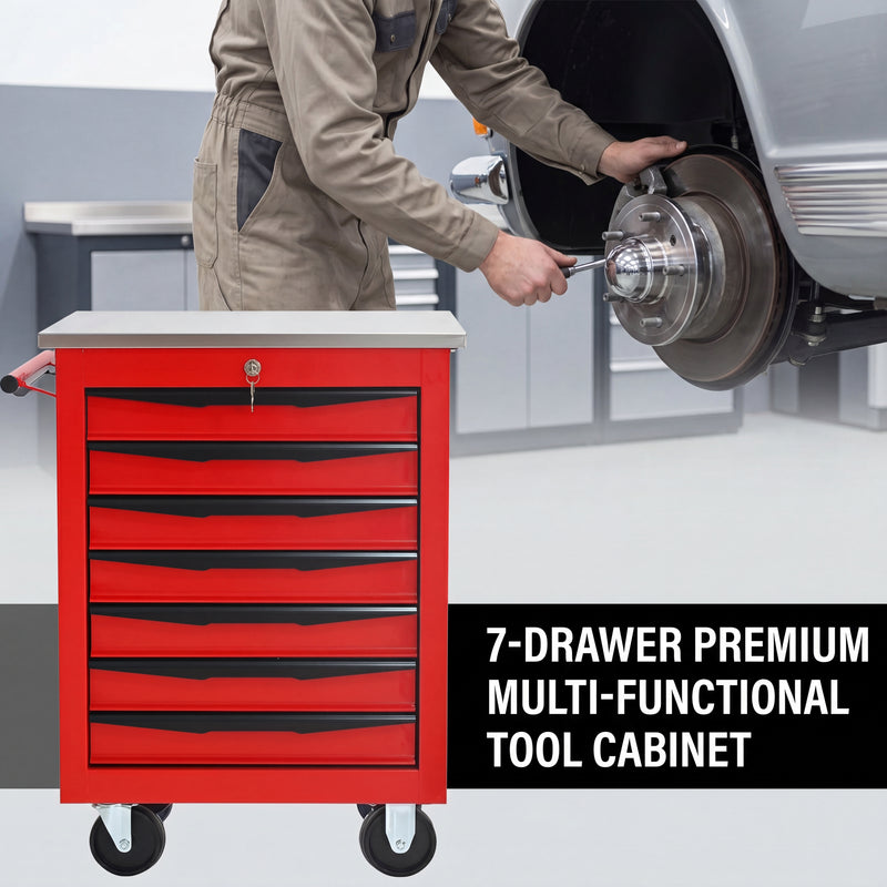 Metal tool box organizer with bottom drawer open on a desk - smooth-slide drawer tracks