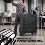 Metal tool box organizer with bottom drawer open on a desk - smooth-slide drawer tracks
