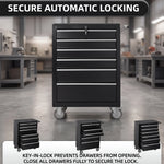 Metal tool box organizer with bottom drawer open on a desk - smooth-slide drawer tracks