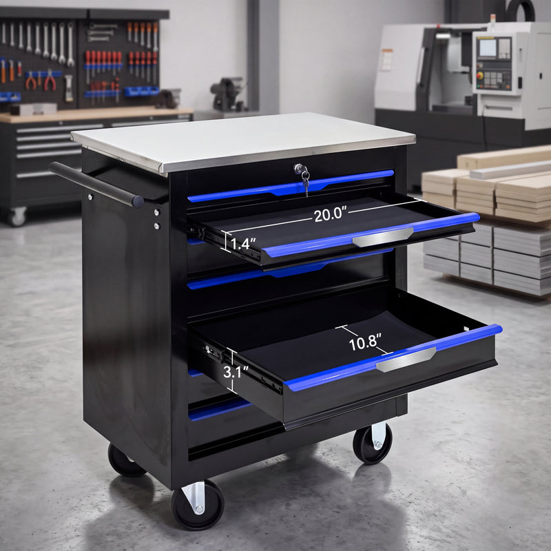 Metal tool box organizer with bottom drawer open on a desk - smooth-slide drawer tracks