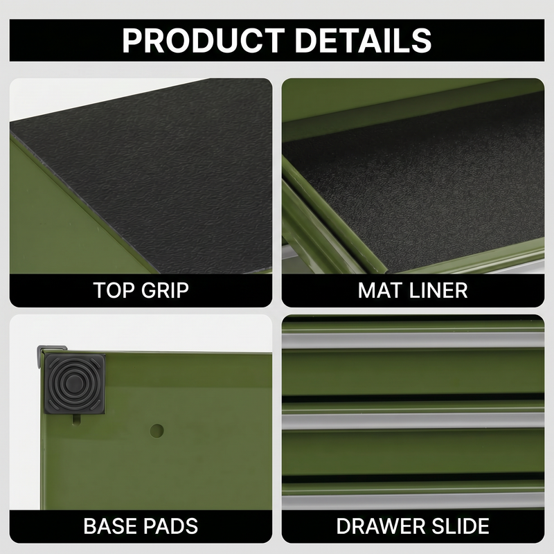 Metal tool box organizer with bottom drawer open on a desk - smooth-slide drawer tracks