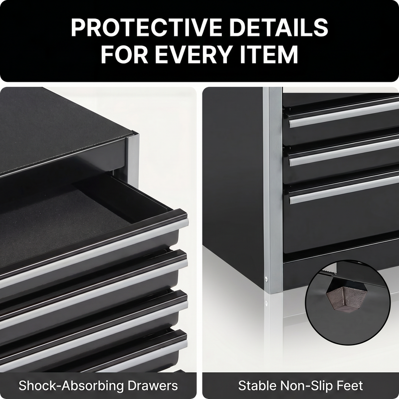 Metal tool box organizer with bottom drawer open on a desk - smooth-slide drawer tracks