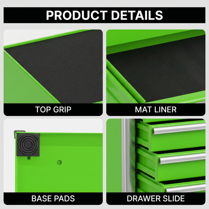 Metal tool box organizer with bottom drawer open on a desk - smooth-slide drawer tracks