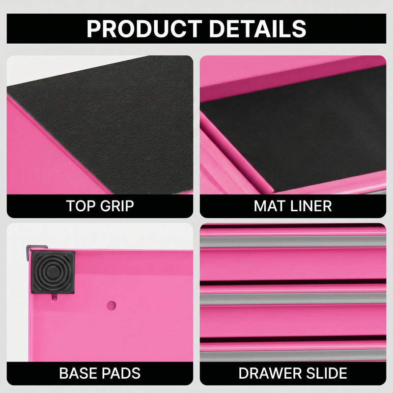 Metal tool box organizer with bottom drawer open on a desk - smooth-slide drawer tracks