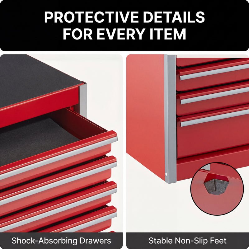 Metal tool box organizer with bottom drawer open on a desk - smooth-slide drawer tracks