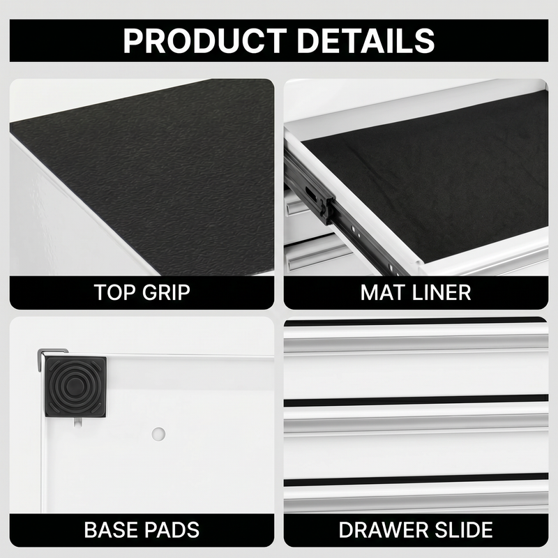 Metal tool box organizer with bottom drawer open on a desk - smooth-slide drawer tracks