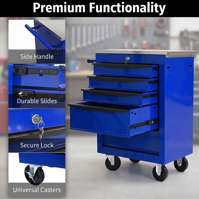 Compact tool box organizer shown in vanity, desk, garage, and studio settings