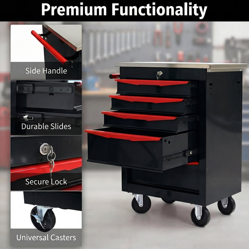 Compact tool box organizer shown in vanity, desk, garage, and studio settings