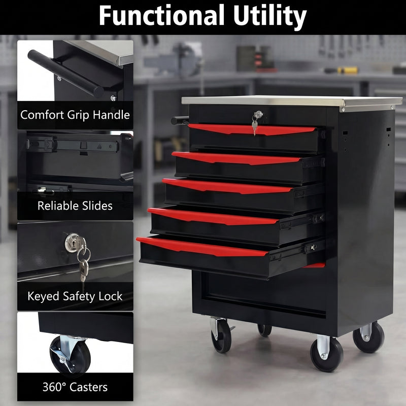 Compact tool box organizer shown in vanity, desk, garage, and studio settings