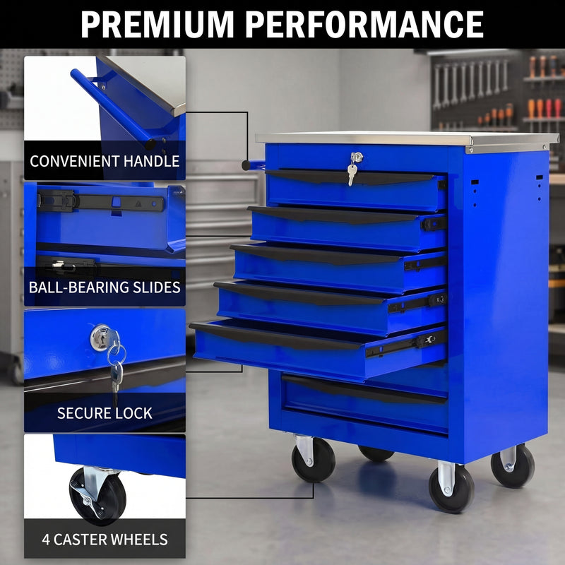Compact tool box organizer shown in vanity, desk, garage, and studio settings