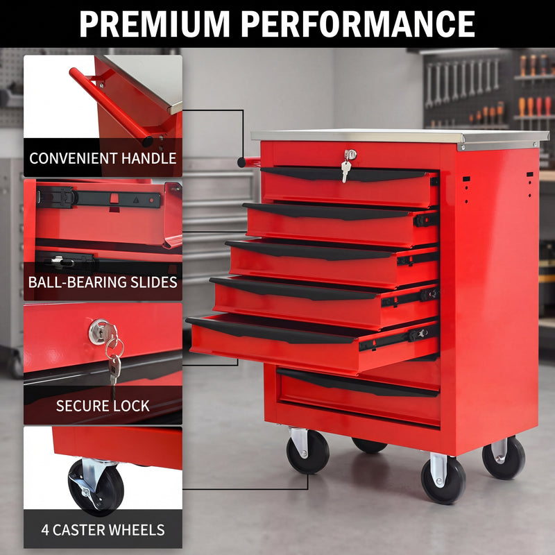 Compact tool box organizer shown in vanity, desk, garage, and studio settings