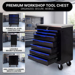 Compact tool box organizer shown in vanity, desk, garage, and studio settings