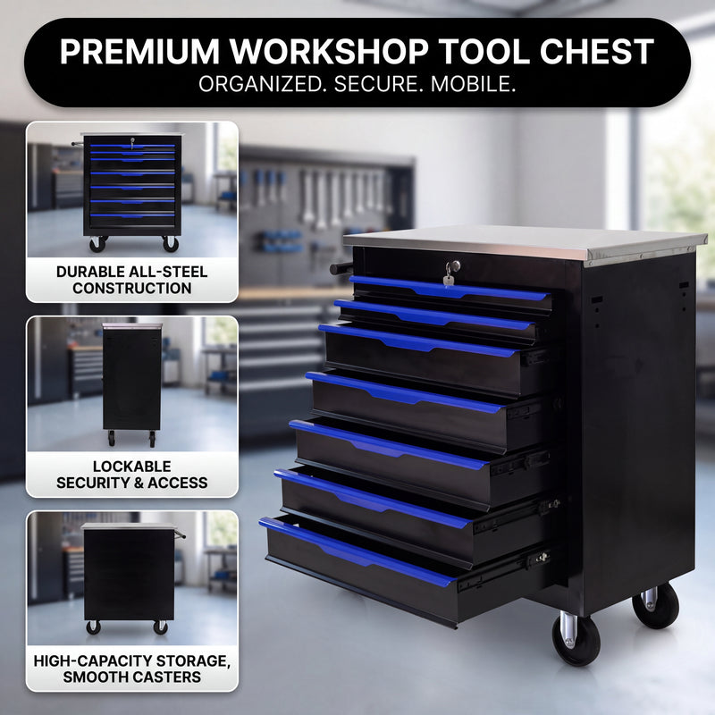 Compact tool box organizer shown in vanity, desk, garage, and studio settings