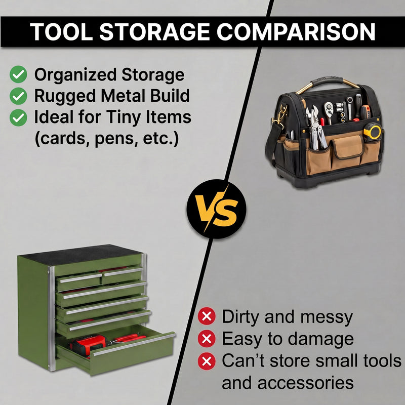 Compact tool box organizer shown in vanity, desk, garage, and studio settings