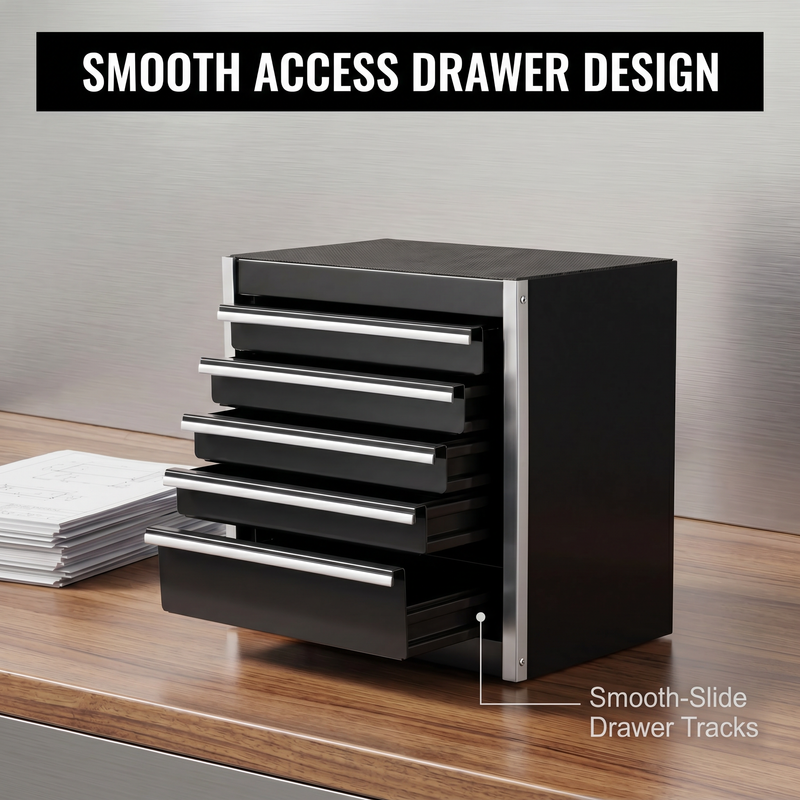 Compact tool box organizer shown in vanity, desk, garage, and studio settings