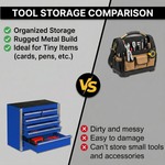 Compact tool box organizer shown in vanity, desk, garage, and studio settings