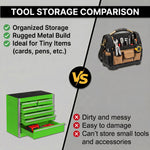 Compact tool box organizer shown in vanity, desk, garage, and studio settings