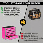 Compact tool box organizer shown in vanity, desk, garage, and studio settings