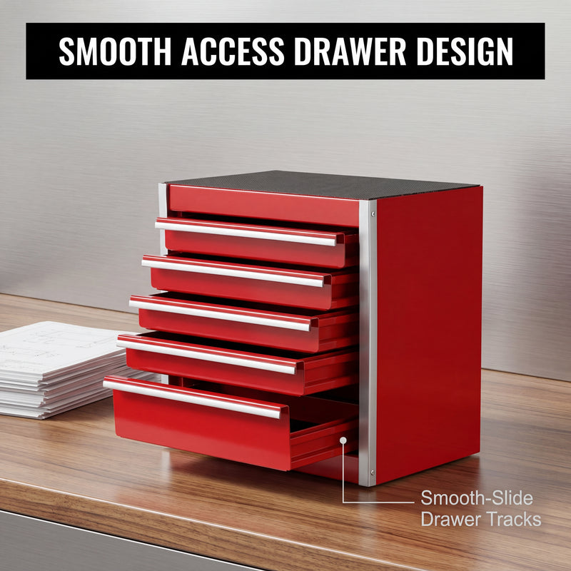 Compact tool box organizer shown in vanity, desk, garage, and studio settings