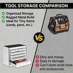 Compact tool box organizer shown in vanity, desk, garage, and studio settings