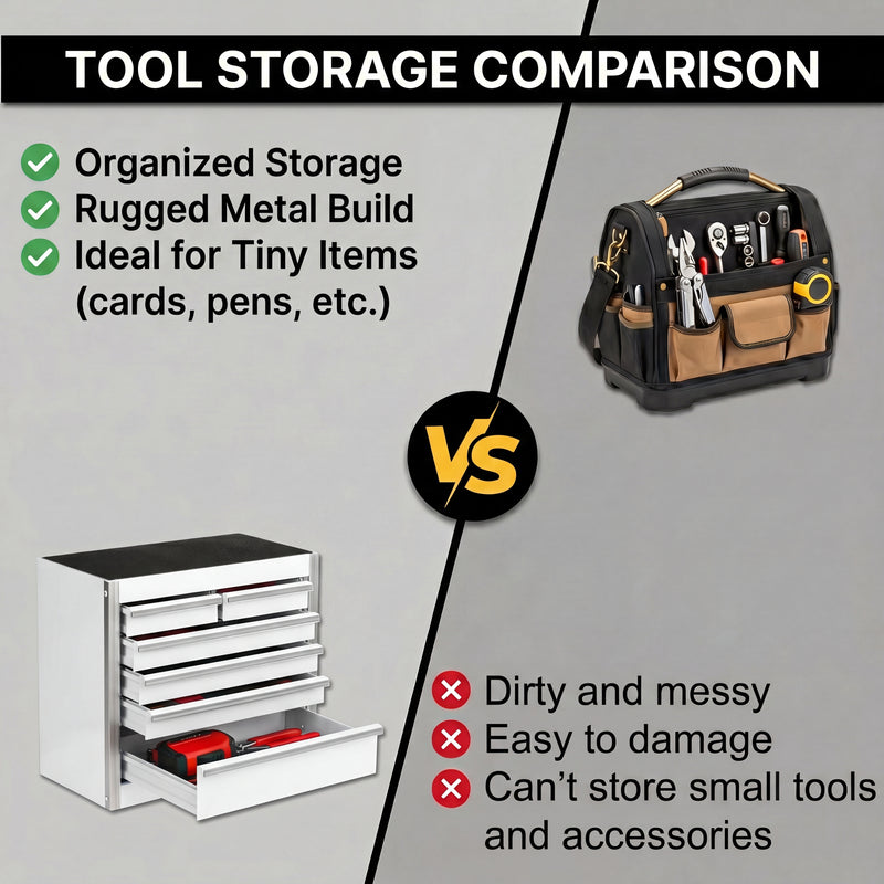 Compact tool box organizer shown in vanity, desk, garage, and studio settings