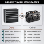 Steel tool box organizer compared to a fabric tool bag - feature comparison chart