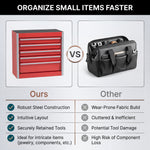 Steel tool box organizer compared to a fabric tool bag - feature comparison chart