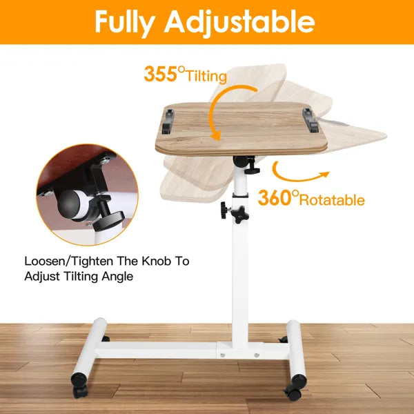 Mobile Standing Desk, Height Adjustable Rolling Laptop Table, 90 Tiltable Overbed Bedside Table, Portable Computer Cart with Wheels, Foldable for Home Office, Wooden