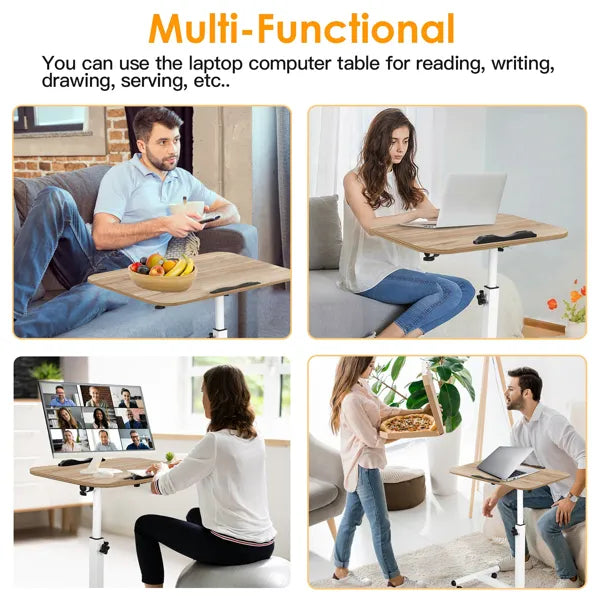 Mobile Standing Desk, Height Adjustable Rolling Laptop Table, 90 Tiltable Overbed Bedside Table, Portable Computer Cart with Wheels, Foldable for Home Office, Wooden
