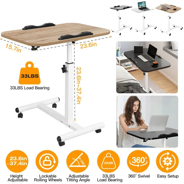 Mobile Standing Desk, Height Adjustable Rolling Laptop Table, 90 Tiltable Overbed Bedside Table, Portable Computer Cart with Wheels, Foldable for Home Office, Wooden