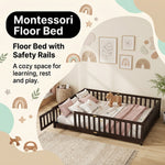 Close-up of the natural wood Montessori floor bed entry gate and hinges