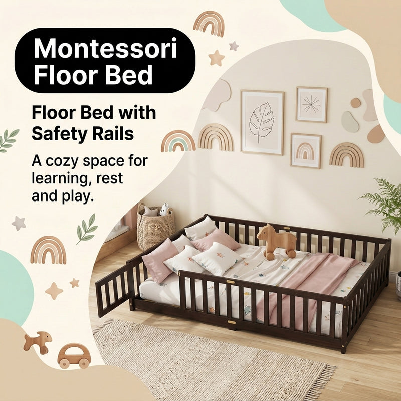 Close-up of the natural wood Montessori floor bed entry gate and hinges