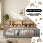 Close-up of the natural wood Montessori floor bed entry gate and hinges