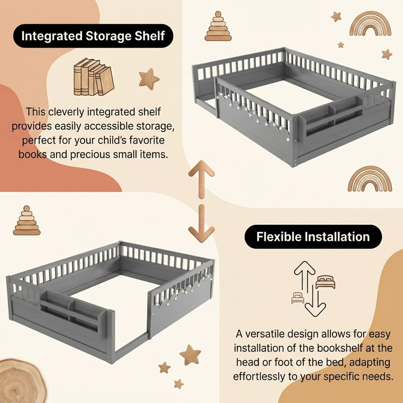 Close-up of the natural wood Montessori floor bed entry gate and hinges
