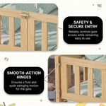 Close-up of the natural wood Montessori floor bed entry gate and hinges