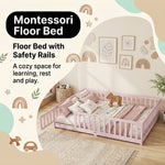 Close-up of the natural wood Montessori floor bed entry gate and hinges