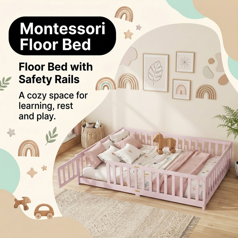 Close-up of the natural wood Montessori floor bed entry gate and hinges