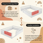 Close-up of the natural wood Montessori floor bed entry gate and hinges