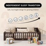 Close-up of the natural wood Montessori floor bed entry gate and hinges
