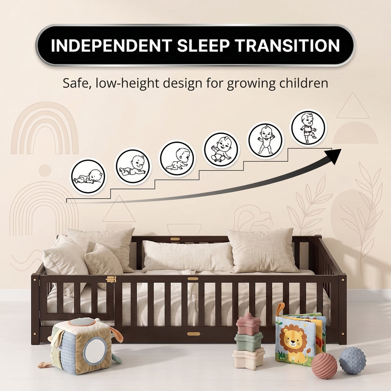 Close-up of the natural wood Montessori floor bed entry gate and hinges