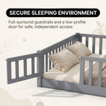 Close-up of the natural wood Montessori floor bed entry gate and hinges