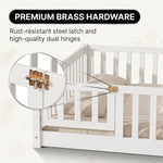 Close-up of the natural wood Montessori floor bed entry gate and hinges