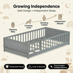 Close-up of the natural wood Montessori floor bed entry gate and hinges