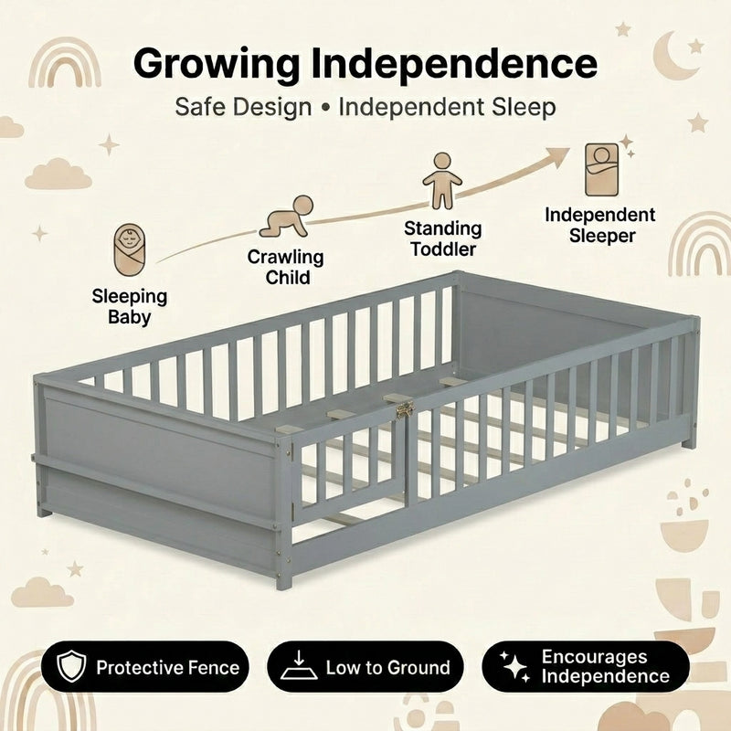 Close-up of the natural wood Montessori floor bed entry gate and hinges