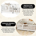 Close-up of the natural wood Montessori floor bed entry gate and hinges