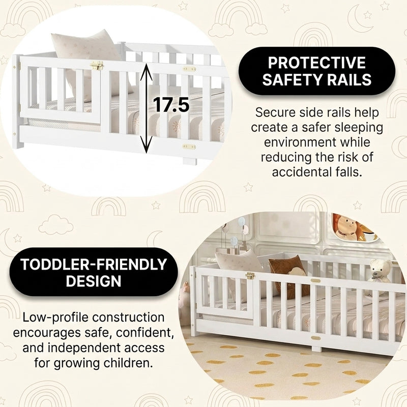 Close-up of the natural wood Montessori floor bed entry gate and hinges