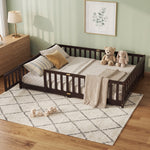 Natural wood Montessori floor bed with fence rails styled in a child's room