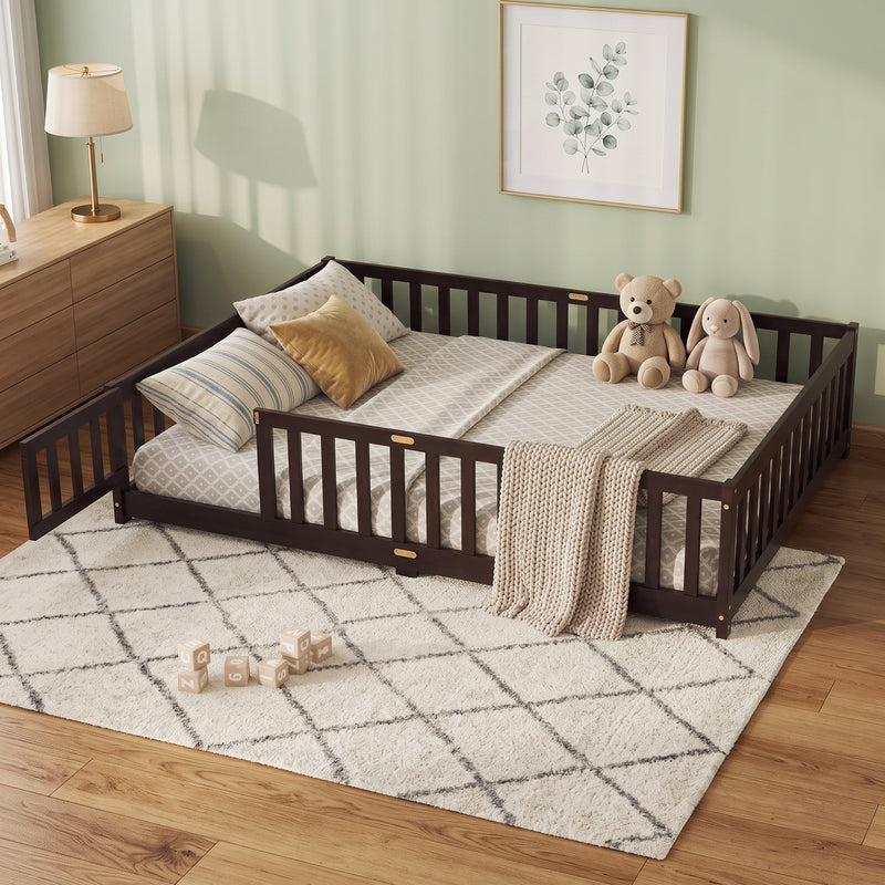 Natural wood Montessori floor bed with fence rails styled in a child's room