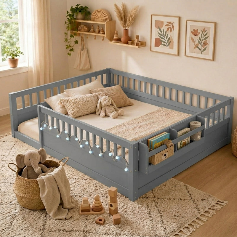 Natural wood Montessori floor bed with fence rails styled in a child's room